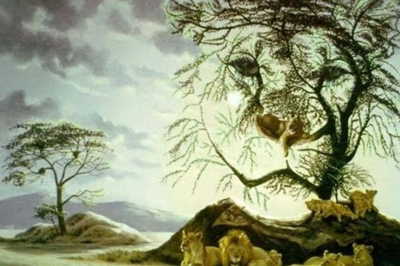 En la imagen del test de personalidad se ven distintos elementos, entre leones y árboles.